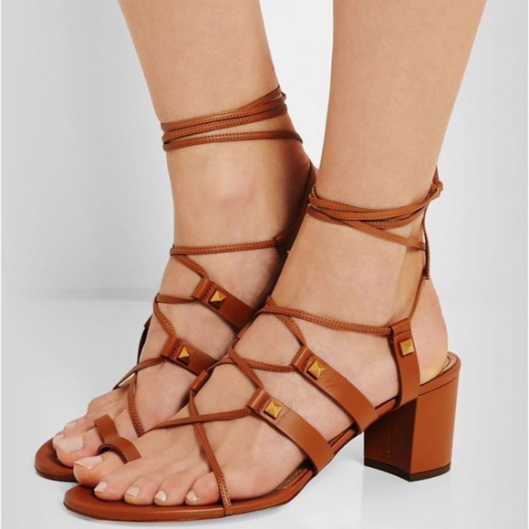 Valentino Rockstud Gladiator tan leather lace-up block heel sandal size IT36 US6 - Picture 1 of 15